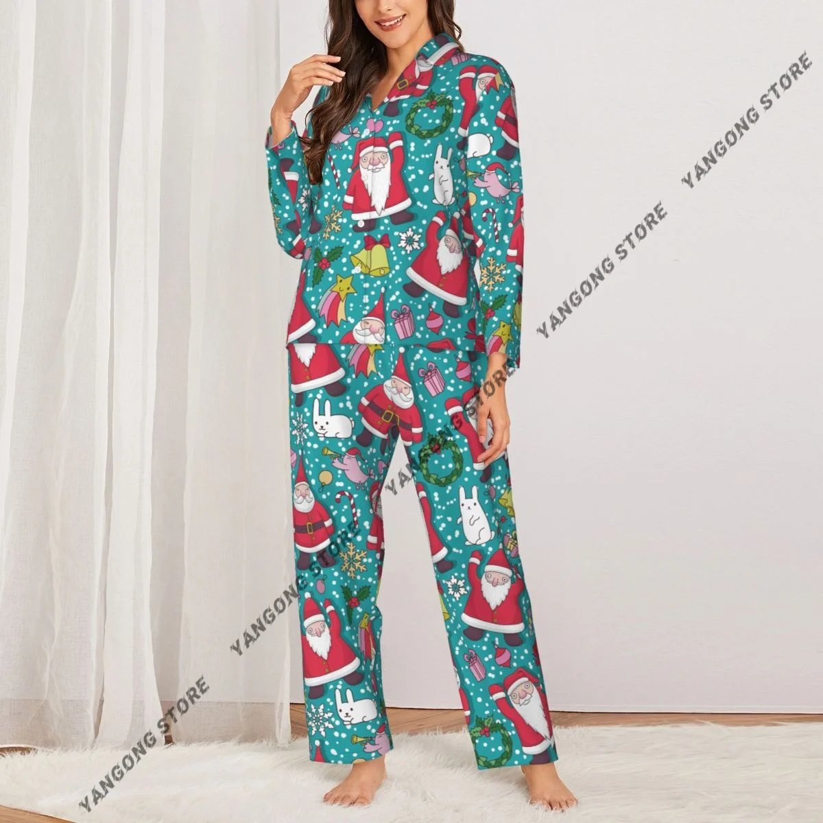 Christmas Santa Claus Womens Pajamas Loungewear Two-piece Sleepwear Button-Down Full Sleeve Long Pajamas Set