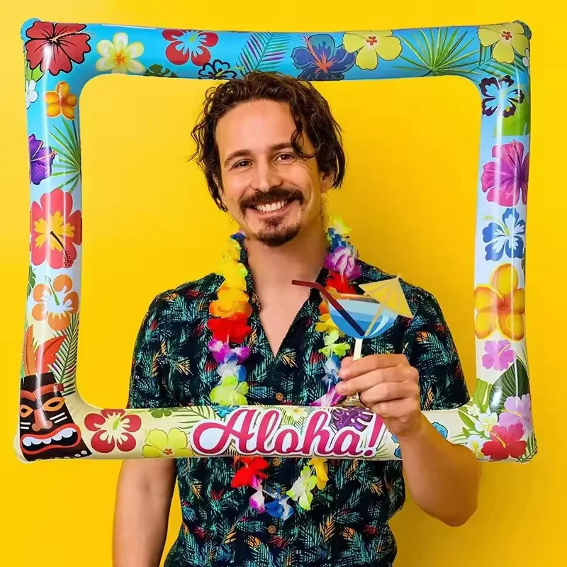 1pc Plastic Inflatable Photo Frame Aloha Tropical Floral Hawaiian Beach Summer Pool Party Luau Event Photo Booth Props Supplies
