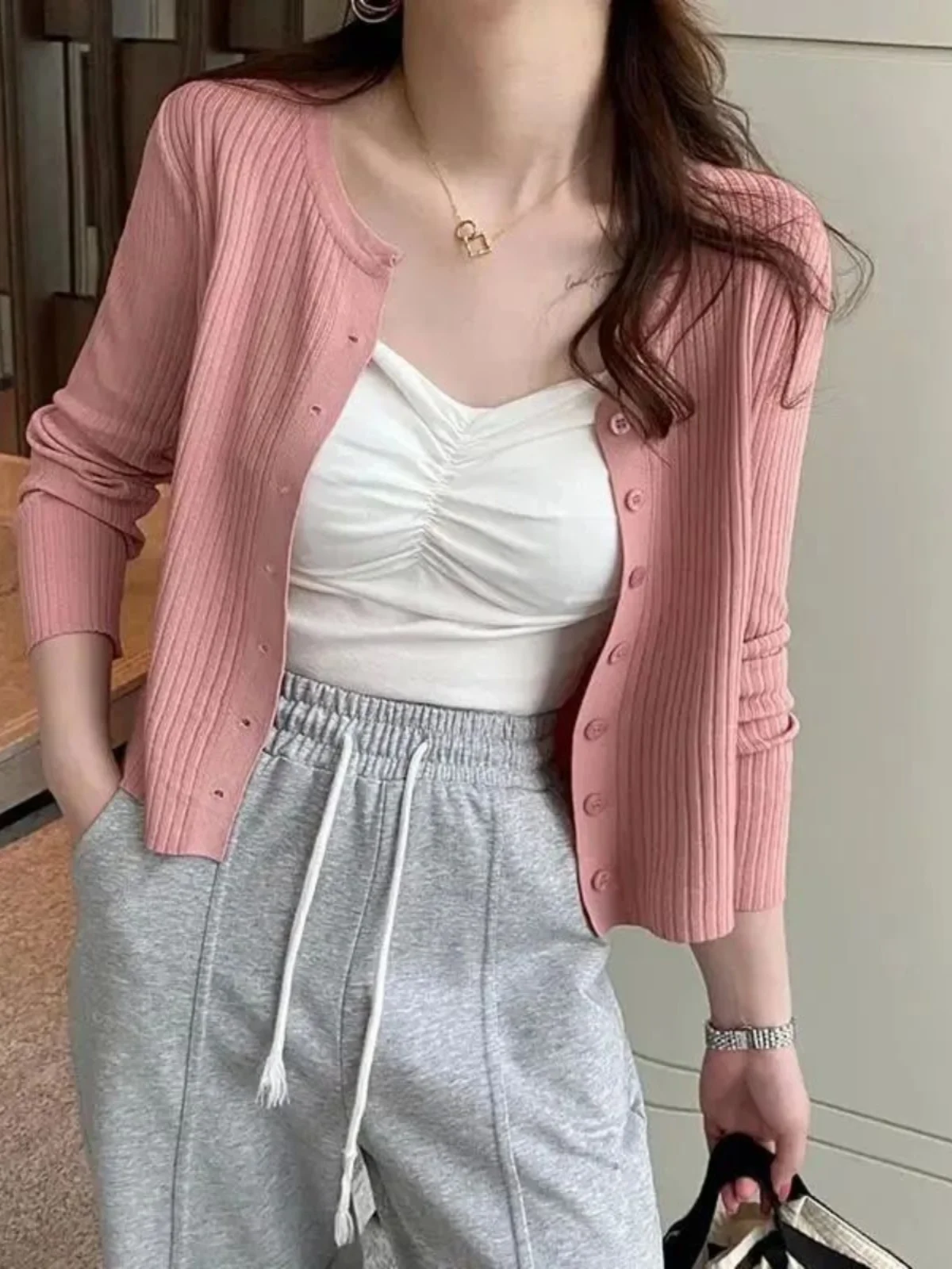 

Casual Long Sve round Ne ort Cardigan Pure Color Street Sle Loose Fit Regular Thin Autumn Single Piece