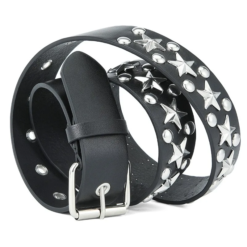 Y2K Punk Five-pointed Stars Rivet Belt Black Adjustable Pu Leather Belt Metal Buckle Rivet Gothic Jeans Skirts Women's Belts