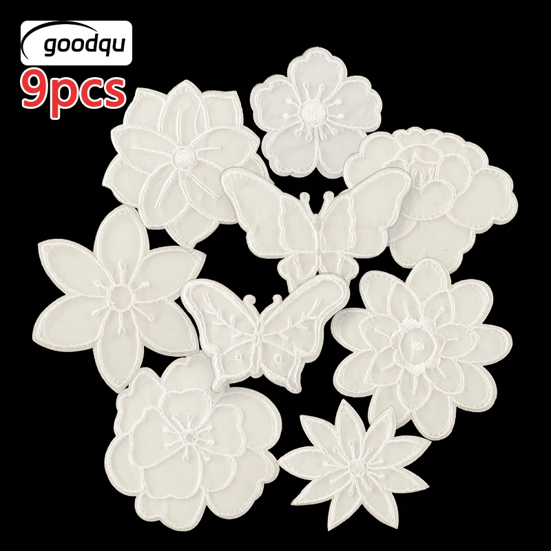 9 Stück weiße Blumen- und Schmetterlings-Aufnäher zum Aufbügeln auf Kleidung, bestickte Aufkleber für Mädchen, Kinderjacke, zum Aufnähen, thermoadhäsiv, DIY-Set – Detail 1