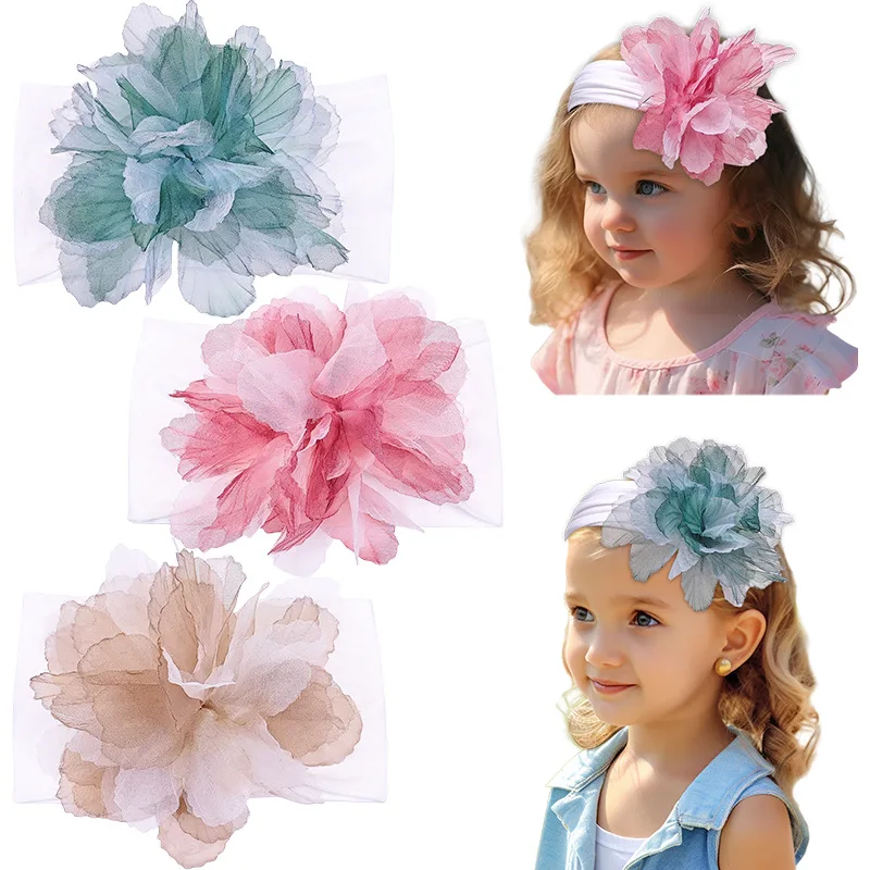 

Детская повязка на голову с цветком, искусственная ткань, нейлоновые эластичные повязки на голову, широкие ленты для волос с цветочным принтом для новорожденных, 3 шт.