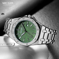 MEGIR Men Silver-tone Green Dial Dress Watch Fashion Business Steel Band Quartz Wristwatch with Calendar Luminous Hands 1085