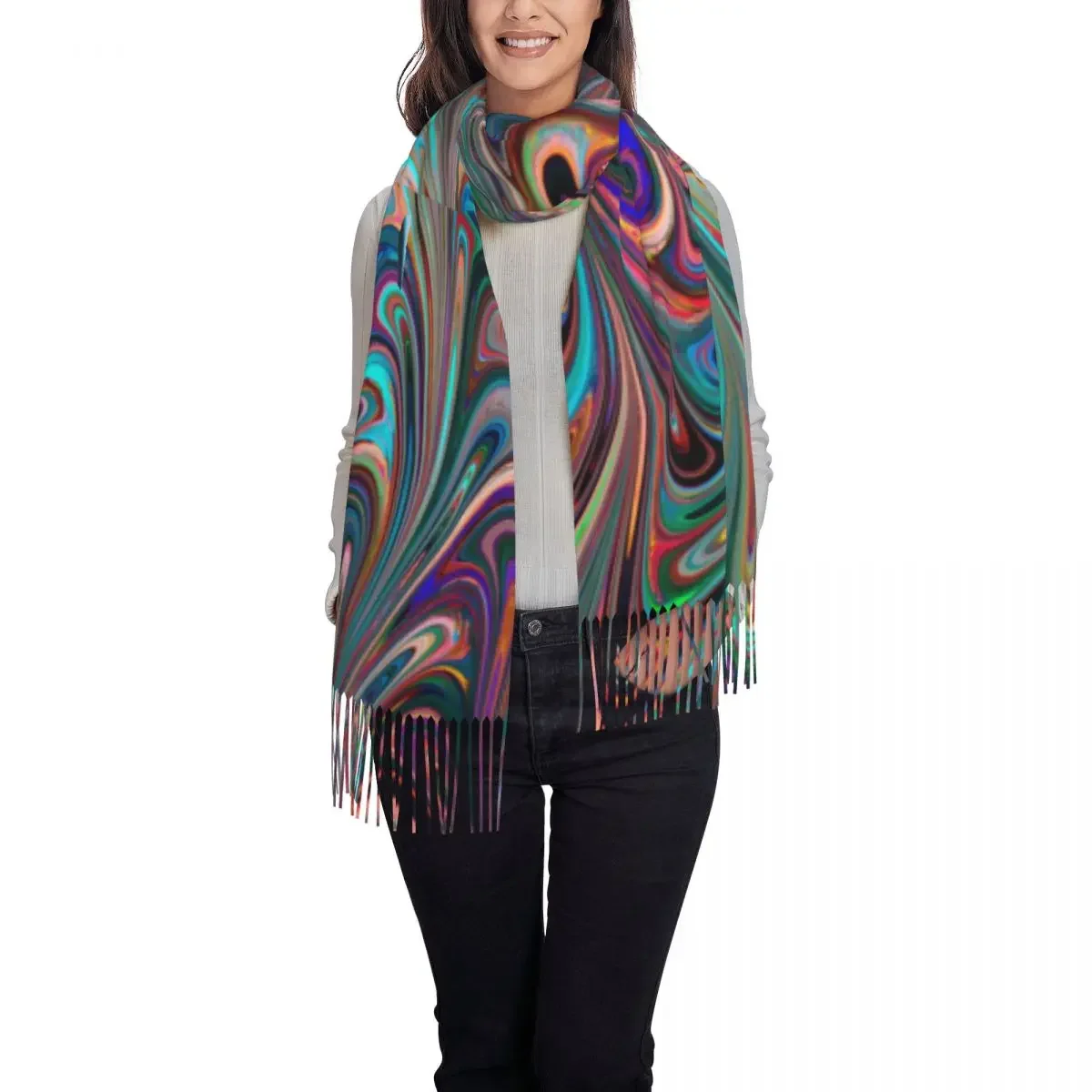 Neon Paint Swirl Scarf Colorful Liquid Print Warm Shawl Wrap with Long Tassel Female Luxury 2024 Head Scarves Autumn Bufanda