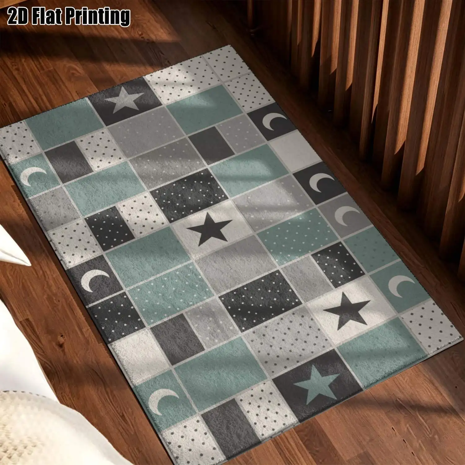 1Pc 2D Printed Carpet: Blue-Grey Star-And-Moon Geometric Nordic Style, Instagram-Worthy, Machine Washable, Multi-Size Home Decor Mat for Entryway, Dining, Living, Bedroom