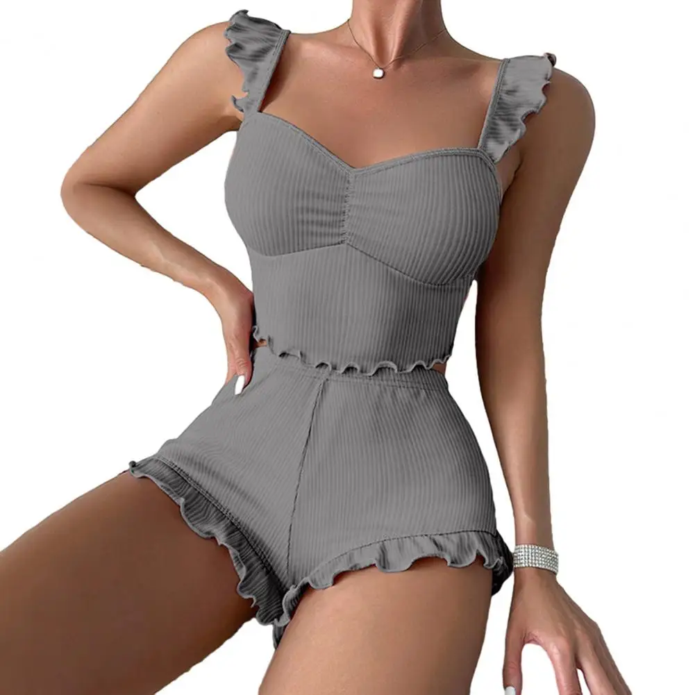 2026 New Women Pajama Set Bow Small Fly Sleeve Straps Crop Top & Elastic Waist Shorts 2 Pieces Female Sleepwear Summer Nightwear