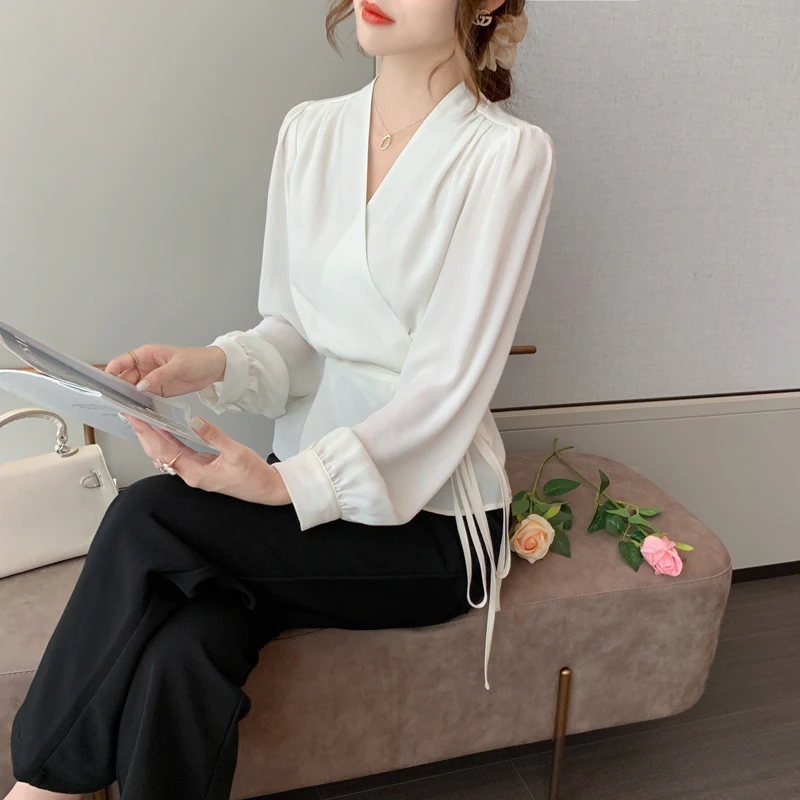 Elegant V-neck Lace-up Wrap Blouse Women 2022 Autumn New OL Ladies Slim Waist Bandage Blouses Shirt Long Sleeve Top Chiffon Tops