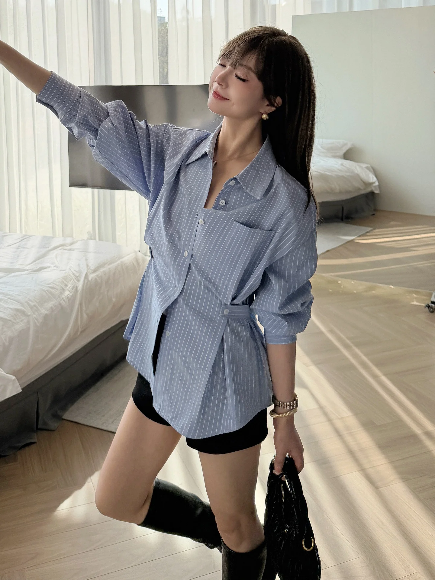 

QCEO Commuter Striped Shirt Dress Women's Long Sleeve Waist-Cinching Midi Casual Cotton Blend Korean Style Button-Up