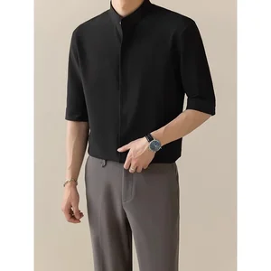 جديد على الطراز الصيني للرجال قميص ضيق بأكمام قصيرة ثلج حرير صيف كوري عارضة بارد خفيف الوزن ملابس رجالية أفضل 10 قميص صيني للبيع - No5