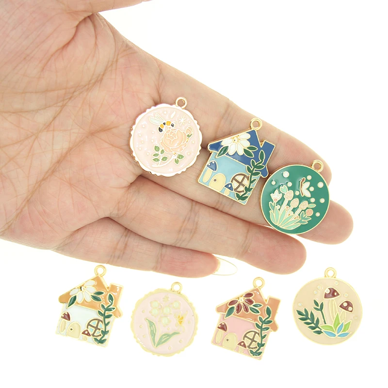 5pcs Beautiful Multicolor Enamel Flower House Bee Butterfly Mushroom Pendant Charms for Earring Necklace Bracelet DIY Jewelry