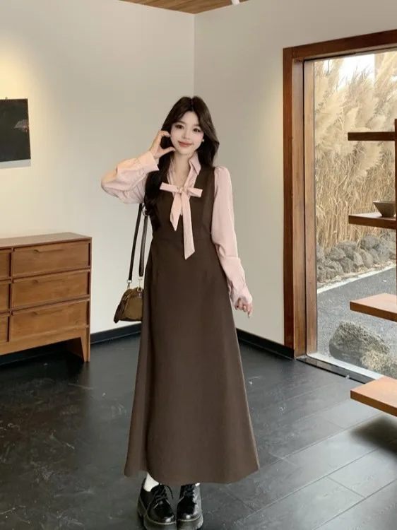 

plus Size Retro Color Blo Collar Dr Women's Spring New Waist Cinching Knot Long Dr Commute Sle High Waist