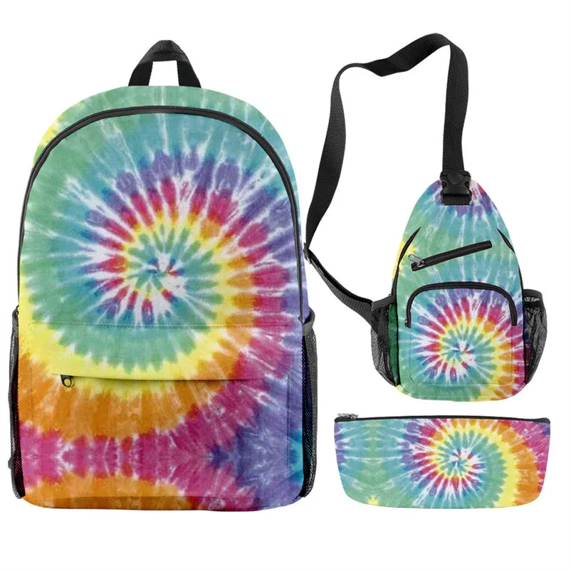 

Classic Popular Funny Tie Dye Spiral Colorful 3D Print 3pcs/Set pupil School Bags Travel Laptop Backpack Chest Bag Pencil Case