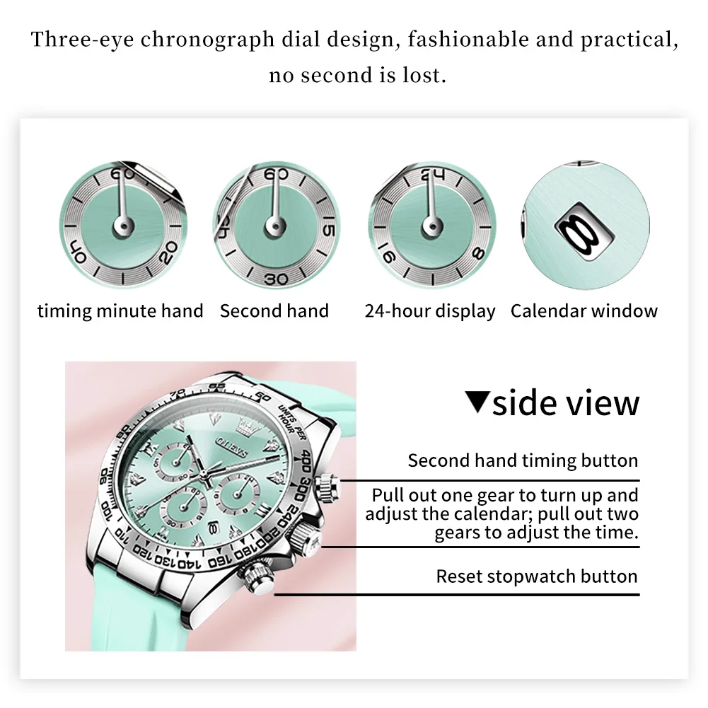 OLEVS Top Brand Women's Watches Comfortable Silicone Strap Original Quartz Wristwatch for Lady Waterproof Luminous Chronograph
