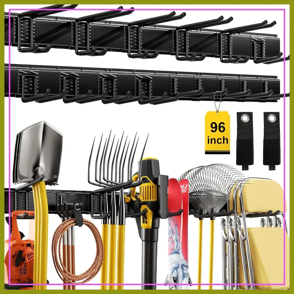 

96" Heavy Duty Garage Tool Organizer, 1250lbs Wall Mount Storage Rack with 15 Adjustable Hooks for Garden, Yard, Shed