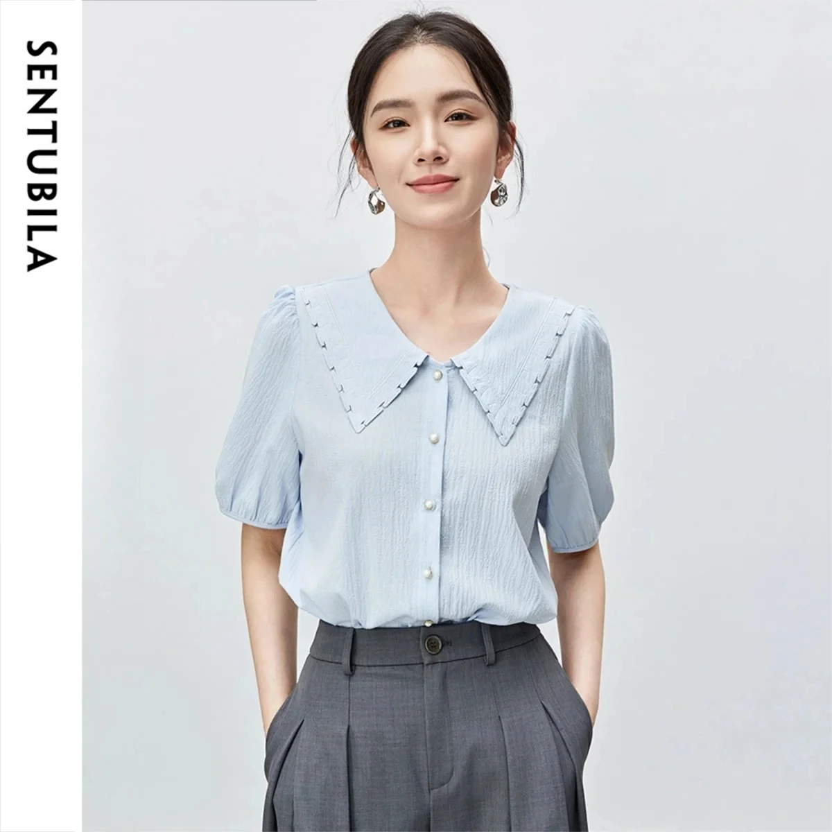 

SENTUBILA Women's Ruched Texture Shirt 2026 Summer Fashion Heavy Embroidery Lapel Puff Sleeve Pearl Buttons Blouse 152C59456X