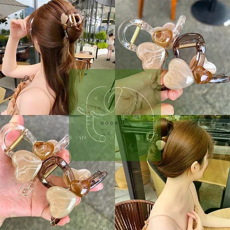 Jelly Color Heart Shape Hair Claw Clips Shark Clip For Women Girls Sweet Transparent Plastic Accessories New