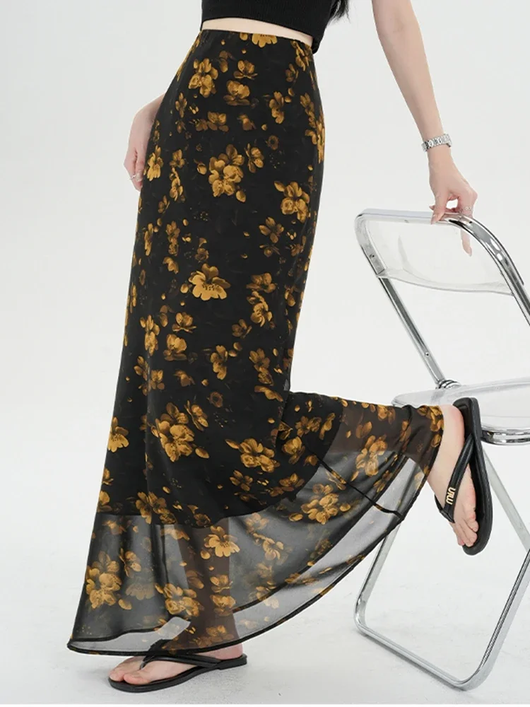 

Floral Chiffon Women Long Skirt A Line High Waist Slim Casual Beach Fashion Female Trumpet Skirt Sweet Elegant Ladies Skirts