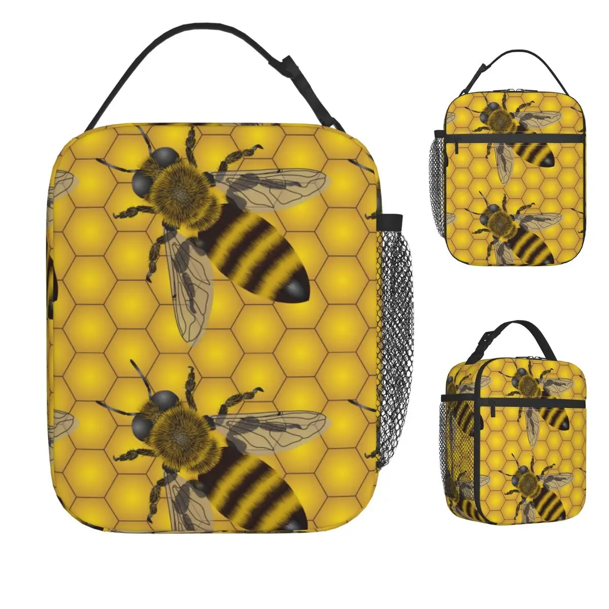 Bee Pattern Honeycomb Lunch Bag Convenient Lunch Box Outdoor Picnic Graphic Cooler Bag Retro Oxford Thermal Tote Handbags