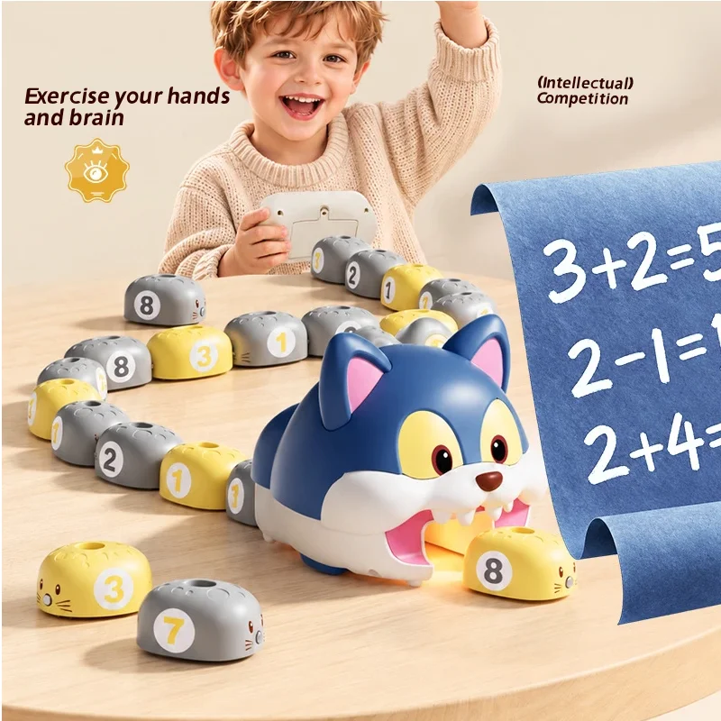 Remote Control Cat Chasing Game Toy, DIY Assemble Track Set with Number Beans, Rechargeable Light & Sound Educational Toy For