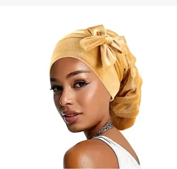 Muslim Hijab Women Velvet Turban with Ribbon Head Wrap Beanie Hair Loss Chemo Slouchy Baggy Cap Bonnet African Nigerian Headwear