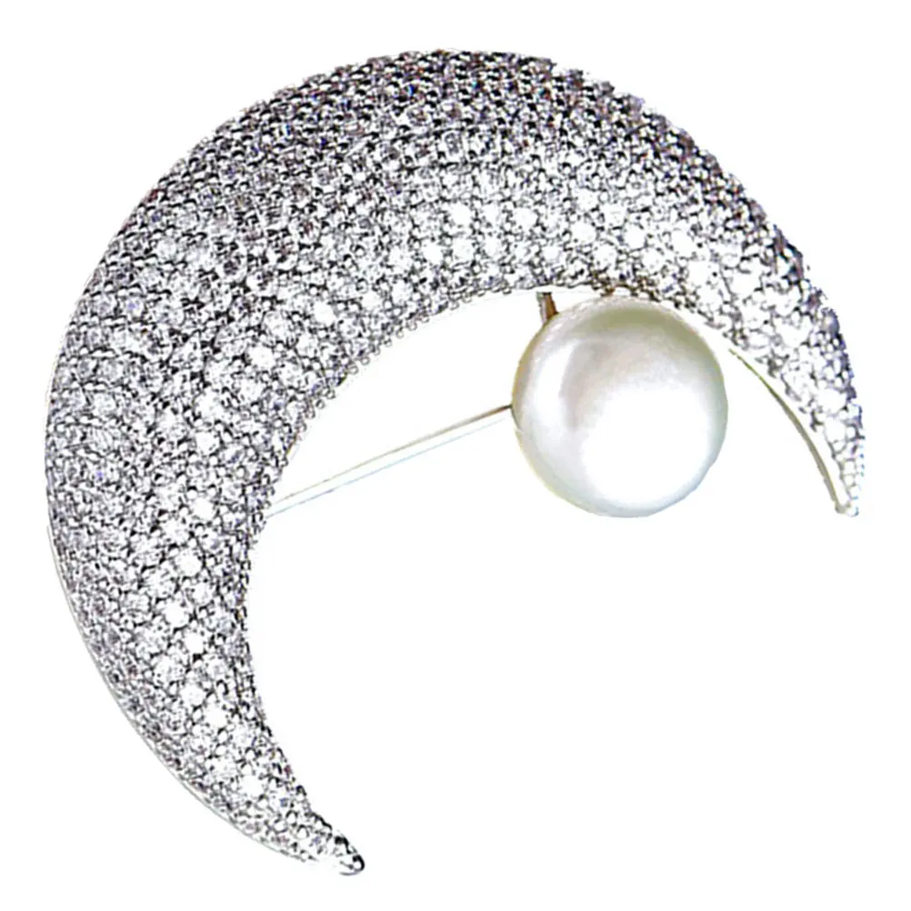 Crescent Moon Brooch Pin Sparkling Crystal Pearl Collar Clip Elegant Shirt Scarf Clasp Jewelry Accessory For Women