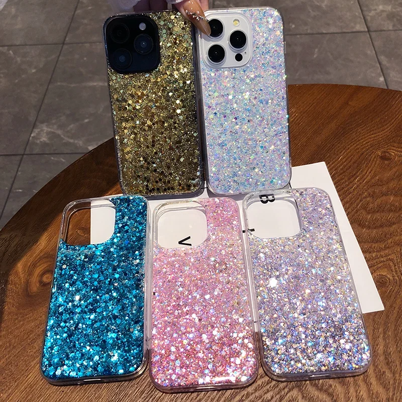 Glitter Sequins Bling Bumper Case for IPhone 16 15 14 13 12 11 Pro Max 16Pro Epoxy Silicone Acrylic Shockproof Back Cover Caque