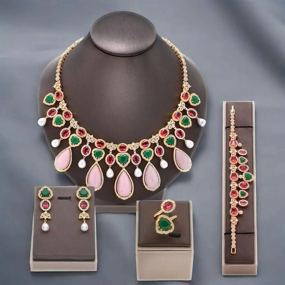 

Luxury 4-piece Jewelry Set Gold Plated with Pink CZ Crystal Women Jewelry Wedding Jewelry Set Nigeria Dubai Party