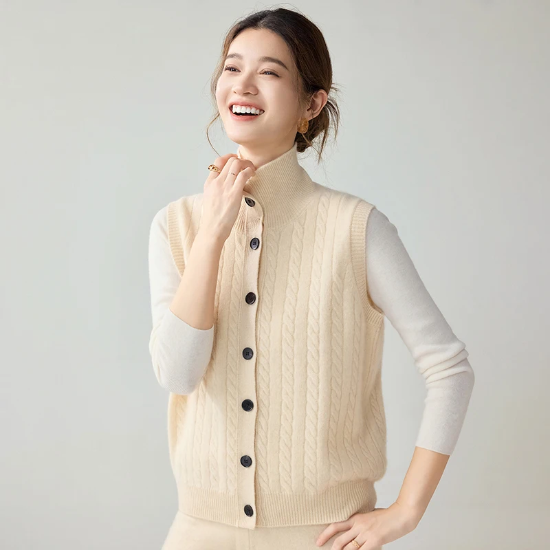 Autumn Winter 100% Premium Cashmere Women Cable Knit Stand Collar Vest Cardigan Retro Textured Commuter Sleeveless Sweater Coat