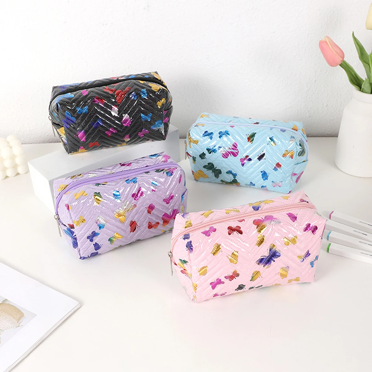 

1PC Colorful Glossy Butterfly Print Pencil Case, PU Leather Pencil Storage Box, Portable Desk Organizer for Office and Study