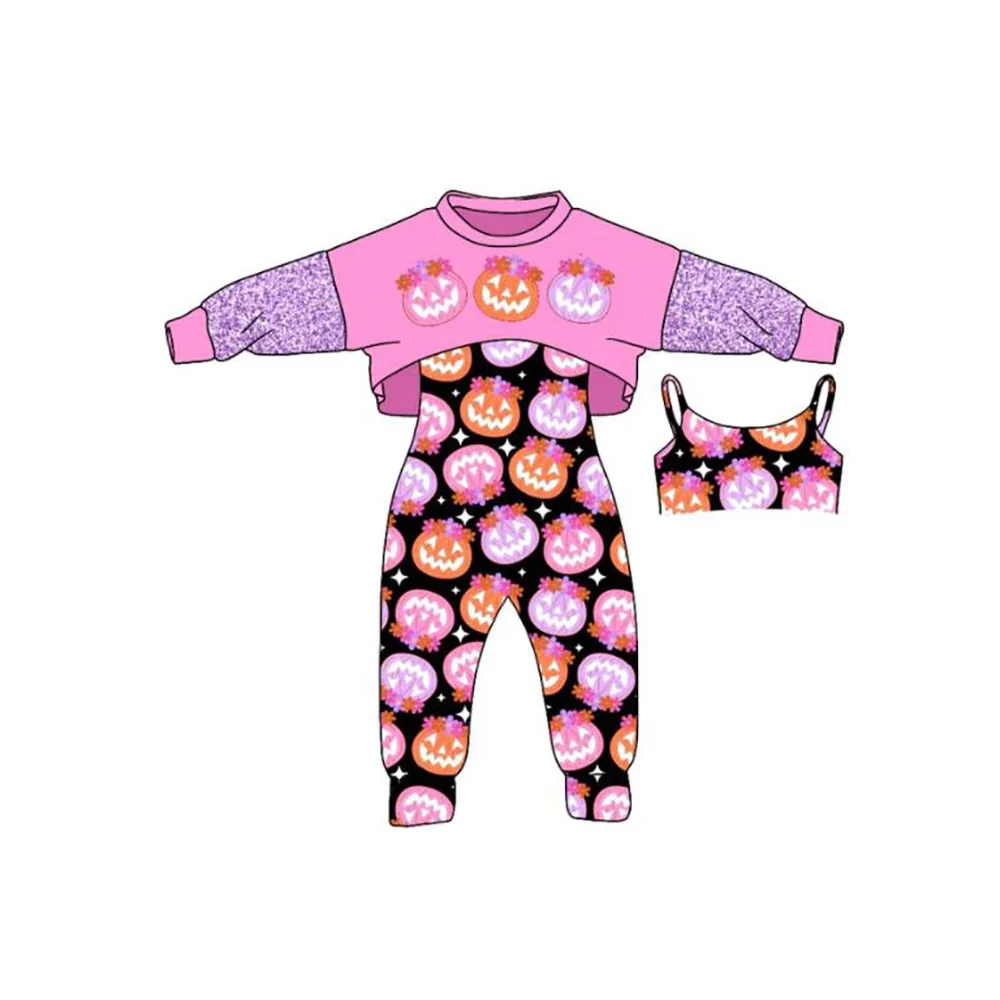 

New fall Halloween outftis purple pumpkin flowers print girls jumpsuit