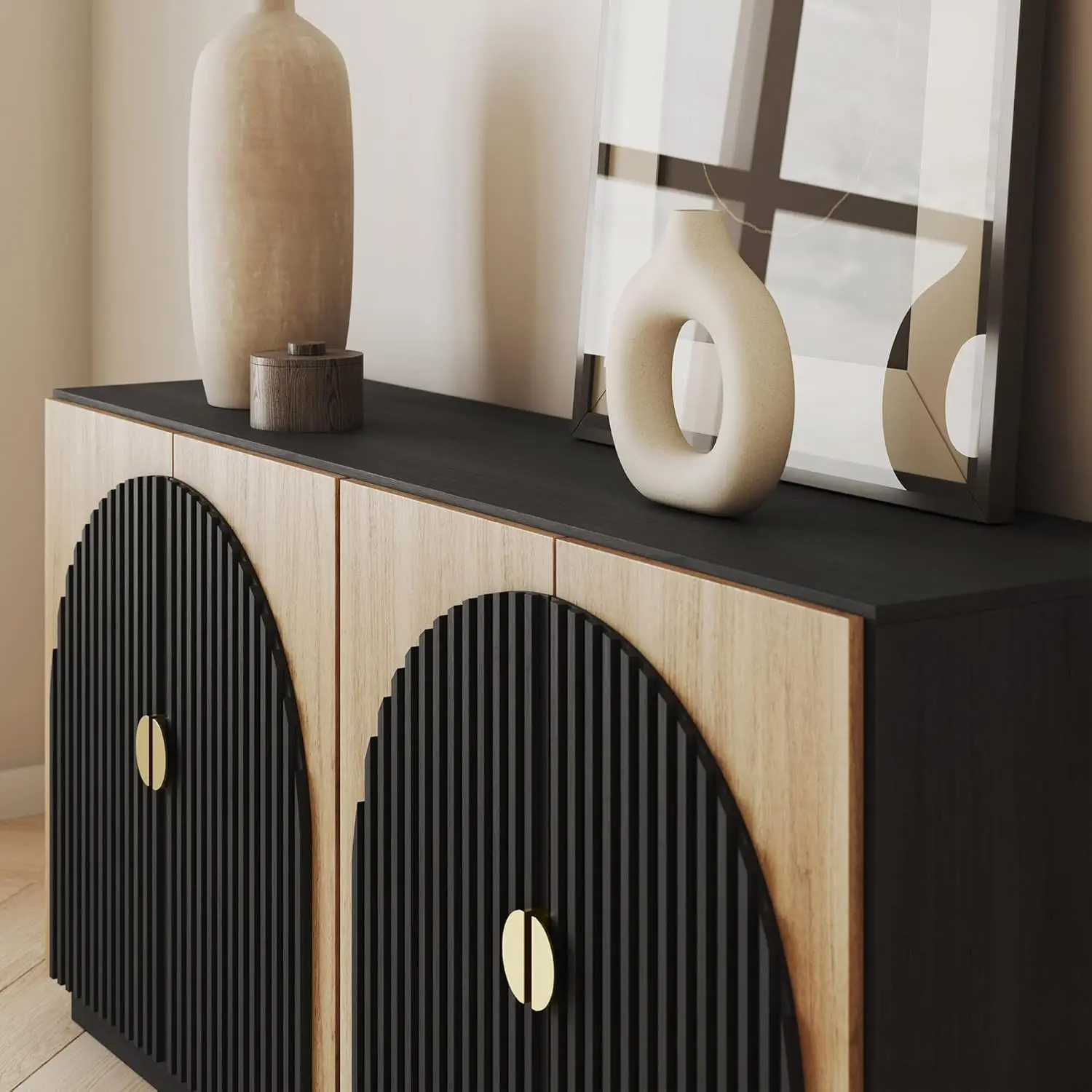 65 Inch Fluted Buffet Cabinet with Storage, Symmetrical Arc Accent Sideboard Large Console Table for Dining Room, Kitchen, and L