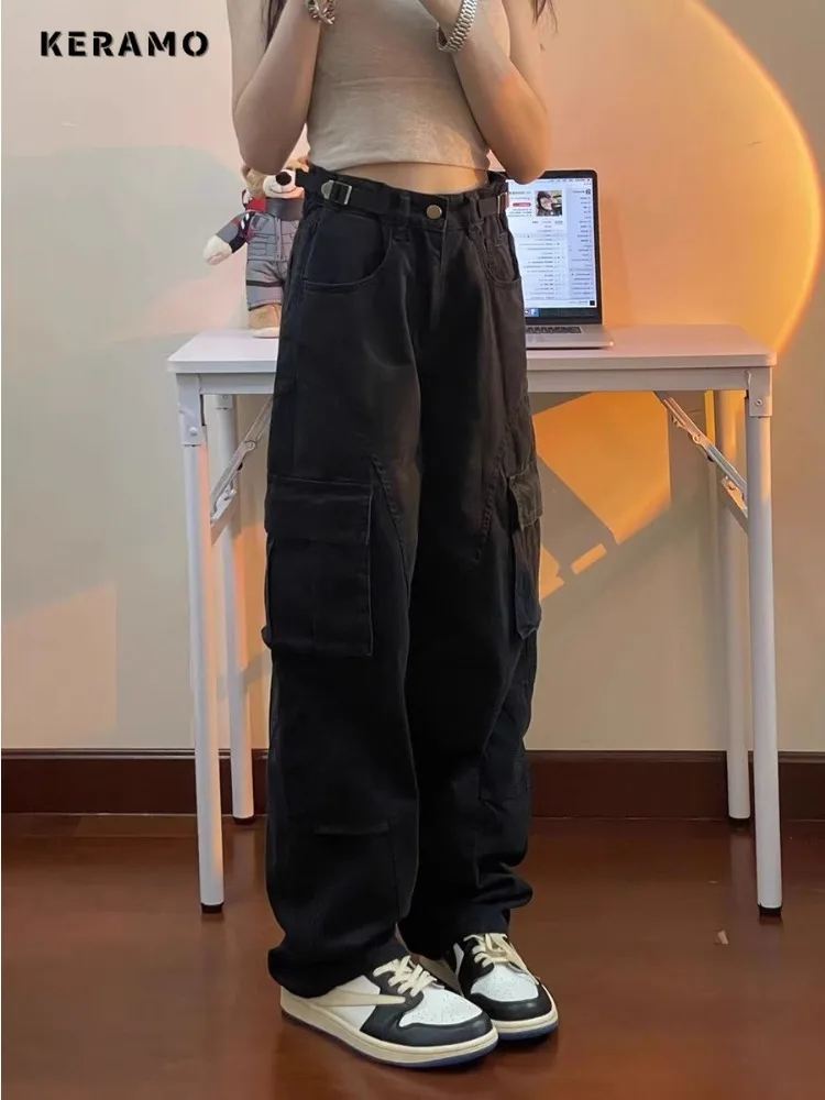 

Women's Vintage High Waist Loose Pockets Jeans Streetwear Trashy Style Pants 2024 Summer Y2K Wide Leg Black Baggy Denim Trouser