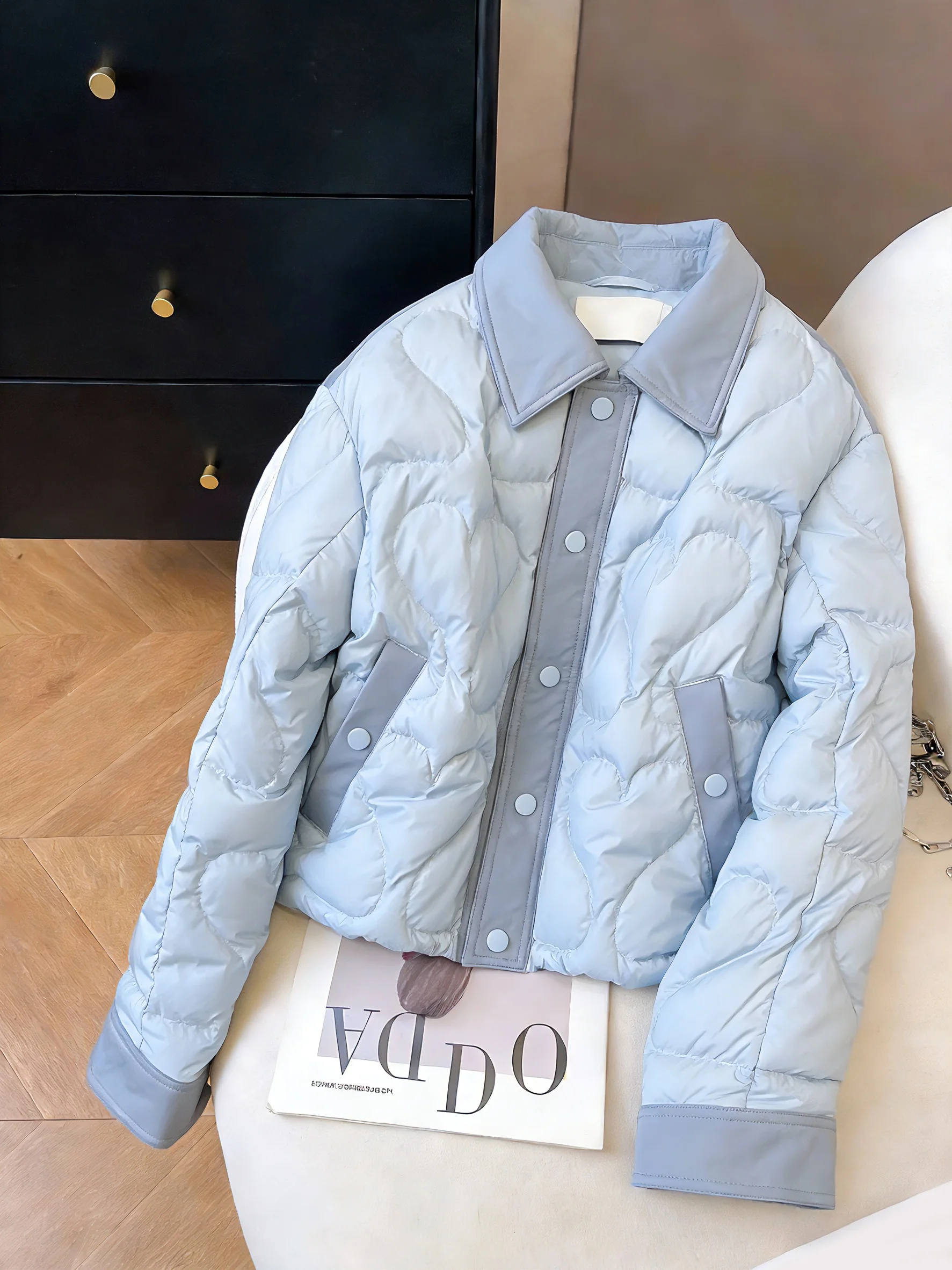 

Ladies Blue Cotton Jaet Casual Sle Flip Collar Soft Ele Autumn Winter ort Length Faionable Versatile Comfortable Fit