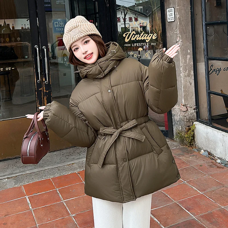 Hooded Parkas Coats Women Mid Length Jackets Solid Lace Up Pocket Zipper Waist Cinched Long Sleeve Loose Fit Casual 2025 Winter