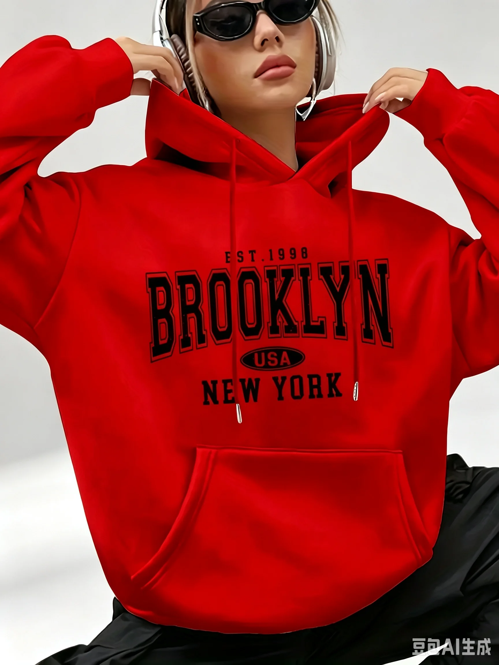 Lady's letter-printed drawstring hooded sweatshirt with long sleeves and pocket featuring geometric patterns regular fit clothes