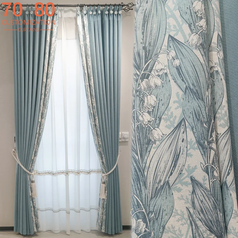 Einfache Maiglöckchen-Druck, blaue Chenille-gepatchte Vorhänge für Wohnzimmer, Schlafzimmer, französisches Fenster, Balkon, individuell gestaltet