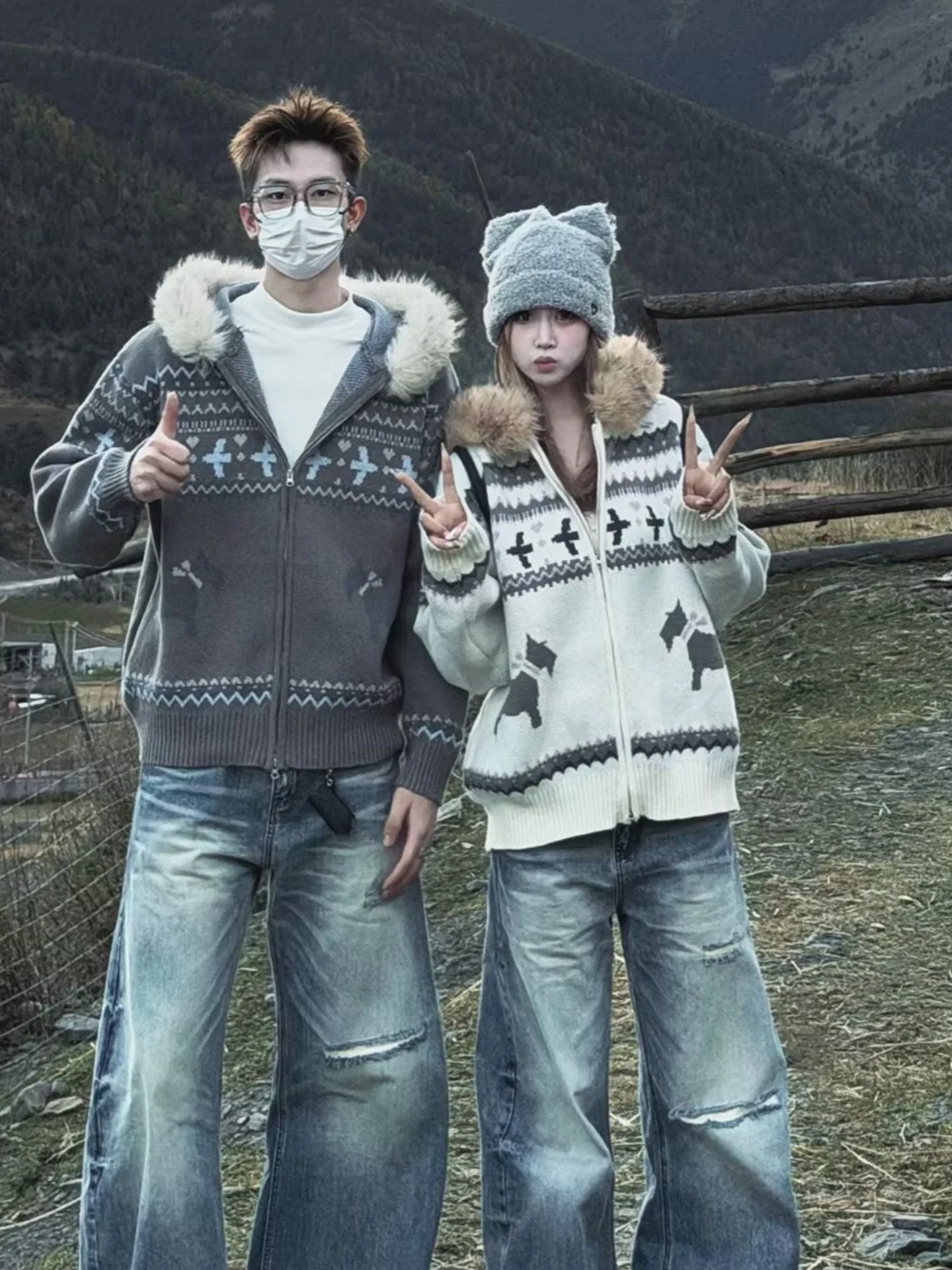 

Повседневный вязаный кардиган-худи для пар, мужской свитер в стиле High Street, зима 2025, модный, на молнии, стандартный крой