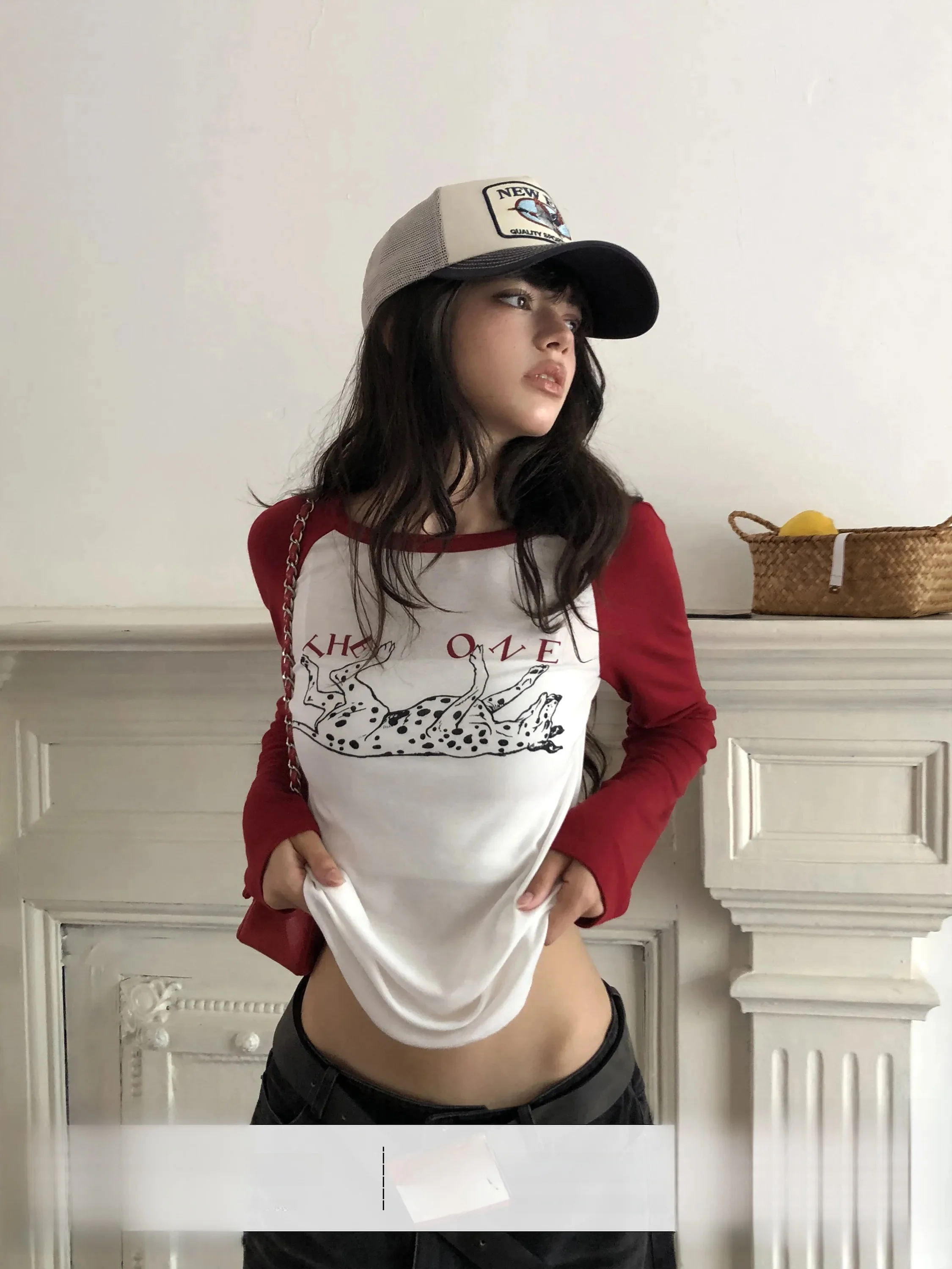 Warden  Sweet Spot Dog Diary Red And White Shoulder Sleeve T-Shirt Design Printed Casual Top for Women Autumn Long Sleeve