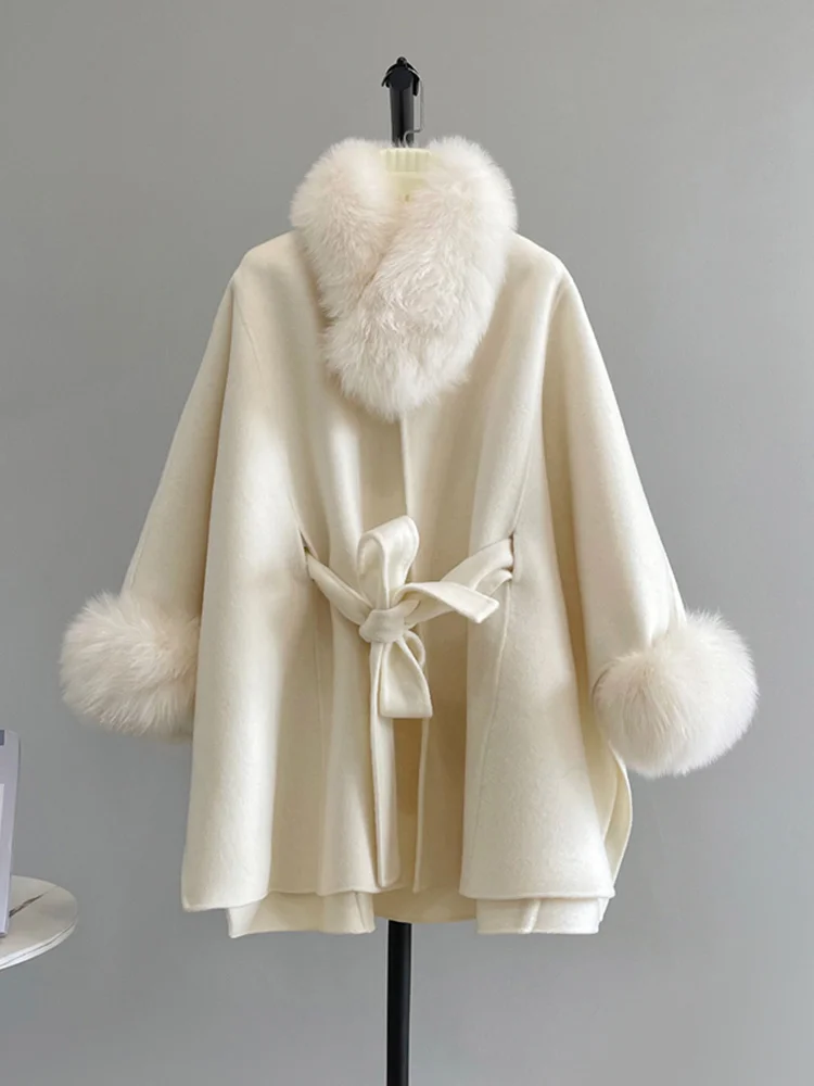 

2025 Winter Women's Real Natural Fox Fur Collar Coat Wool Cloak Cashmere Belt Warm Jacket Luxury Thick Female Coat Hot Sale