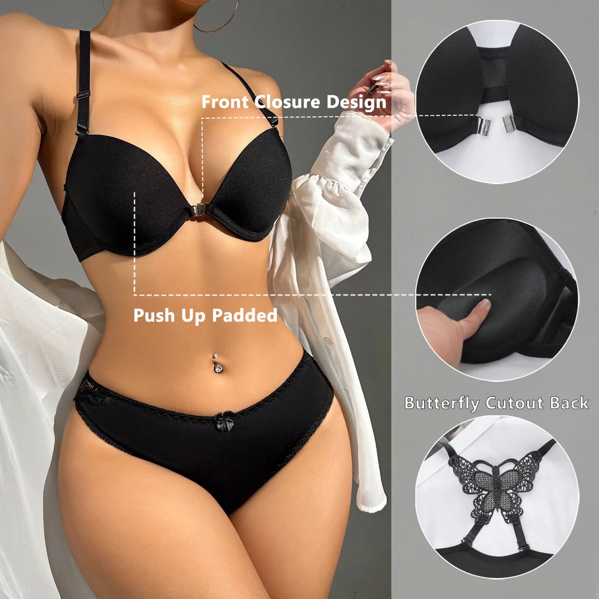 Sujetador Push Up Con Cierre Delantero Y Braguitas Con Aros Lencería Femenina 2 Piezas Conjunto Sujetador Braguitas Sexy Cómodo Diario Esencial Transpirable Suave Ligero