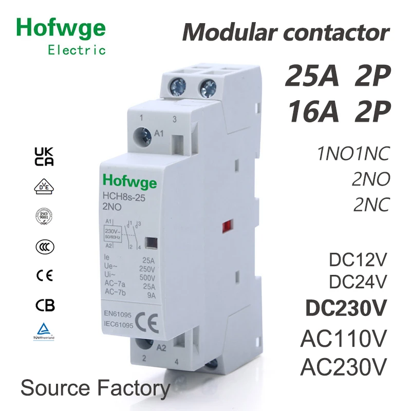 контактор HCH8s-25 Modular Contactor 2P  25A AC DC  2NO or 2NC 1NO1NC 24V 110V 220V Automatic Household Contactor Din Rail Type