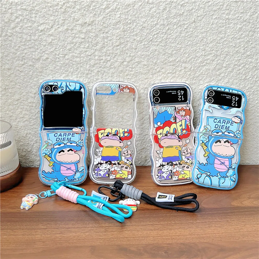 Dinosaur S-Shin-chans With Lanyardd Phone Case for Samsung Galaxy Z Flip 3 4 5 Z Flip 6 5G PC Hard Anti-fall Back Cover Girl