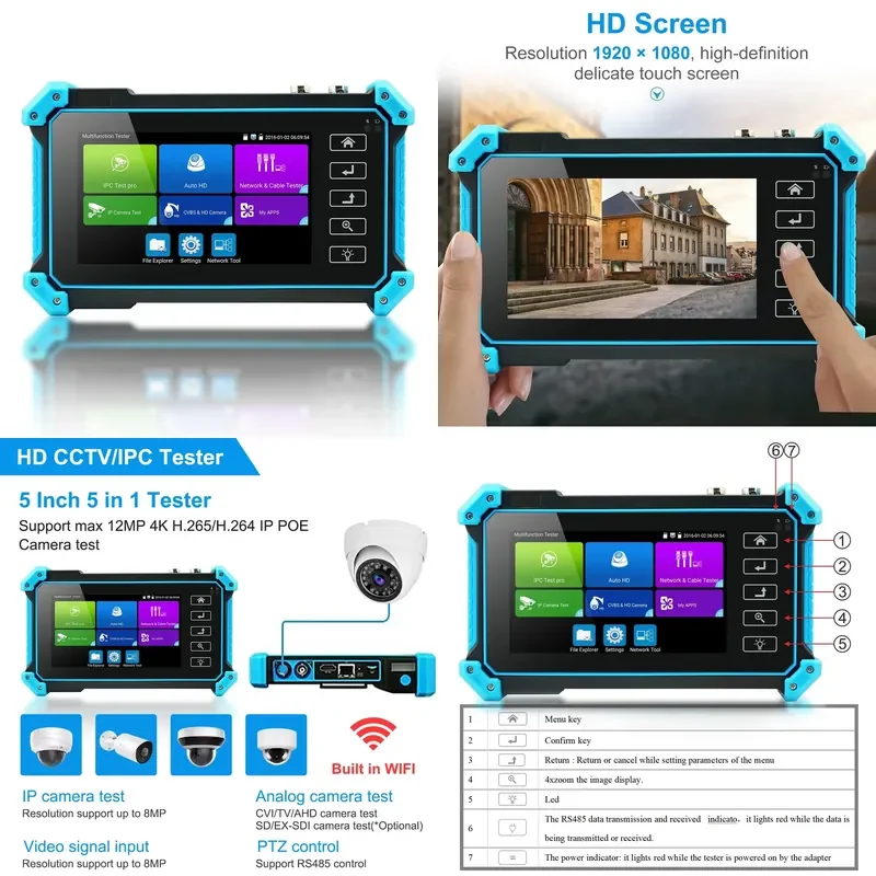 8MP 6 in 1 AHD CVI TVI CVBS CCTV Camera Tester for IPC-5200 Plus High Definition Video Monitor IPS Touch Screen IP Camera