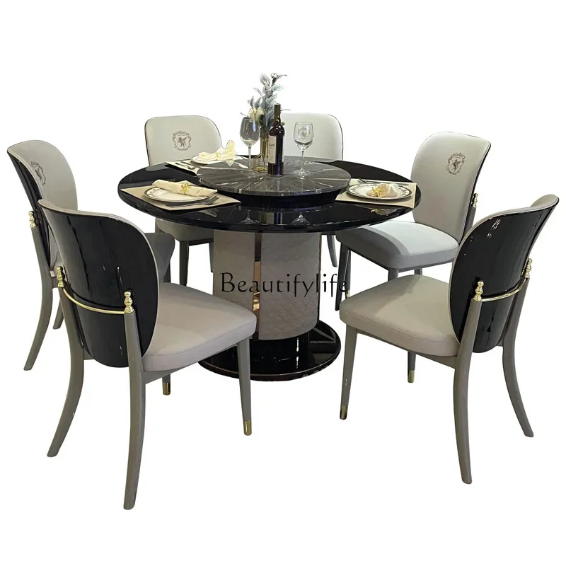 

yj9 Light Luxury Italian Minimalist Round Table Restaurant Hong Kong Style One Table Six Chairs Model Room Suite High-end Furnit