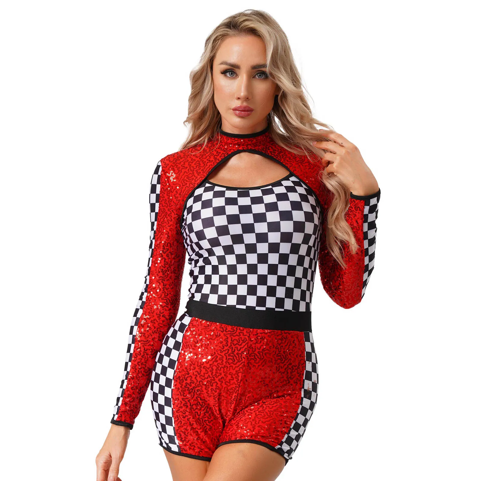 

Cool Women Checkerboard Racing Driver Competition Costume Fashion Long Sleeve Glittery Car Racer Halloween Cosplay Jumpsuit