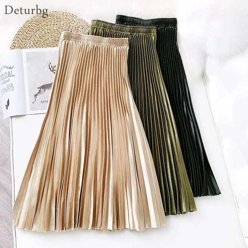 Women's Vintage Pleated Midi Long Satin Skirt Korean Female High Waist Metal Color Black A-line Skirts Faldas 2024 Autumn SK605