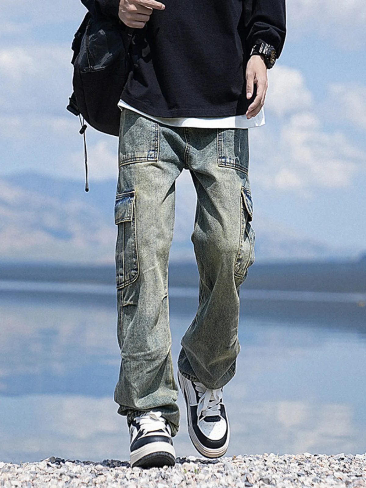 

Retro American Workwear Jeans Men's Slim Straight High Street Trend Micro Flared Pants Youthful Wear Resistant Long Trousers