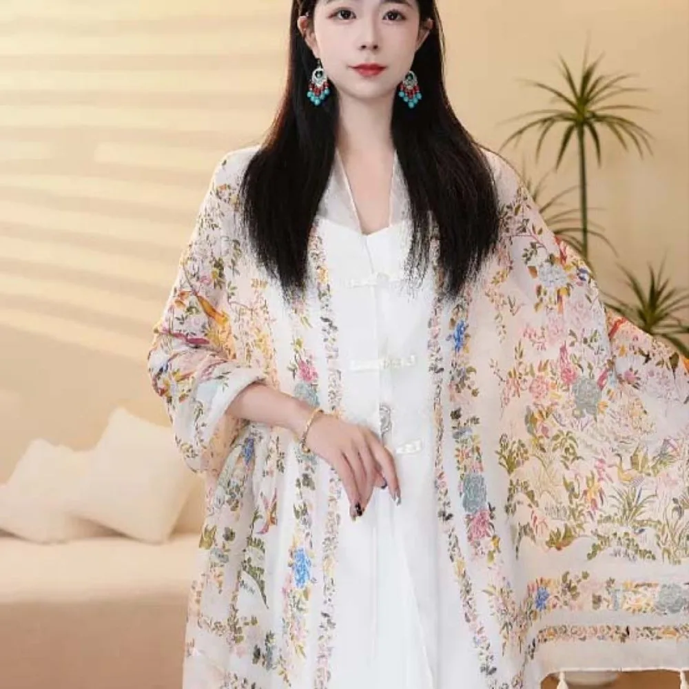 تنفس المرأة الأزهار وشاح الضفدع زر طويل رقيقة كبيرة شال خفيفة الوزن التعادل صبغ واقية من الشمس الحجاب عطلة