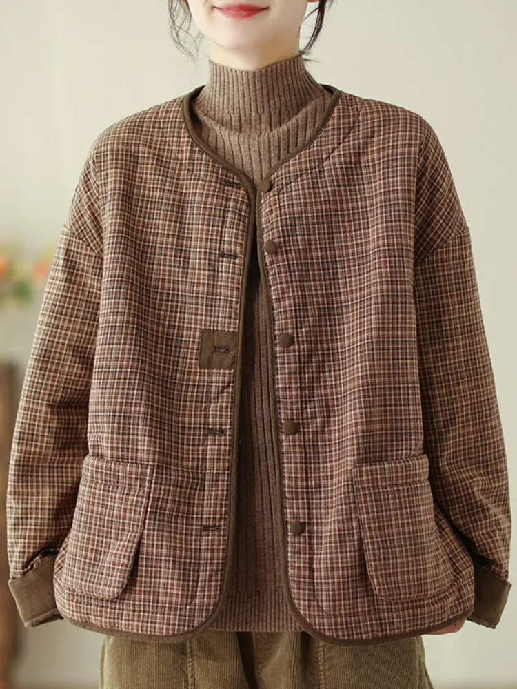 

Retro Plaid Cotton Jaet ort Outerwear Women Winter Thiened Casual Cotton Clothes Slimming Top Button ket Detail