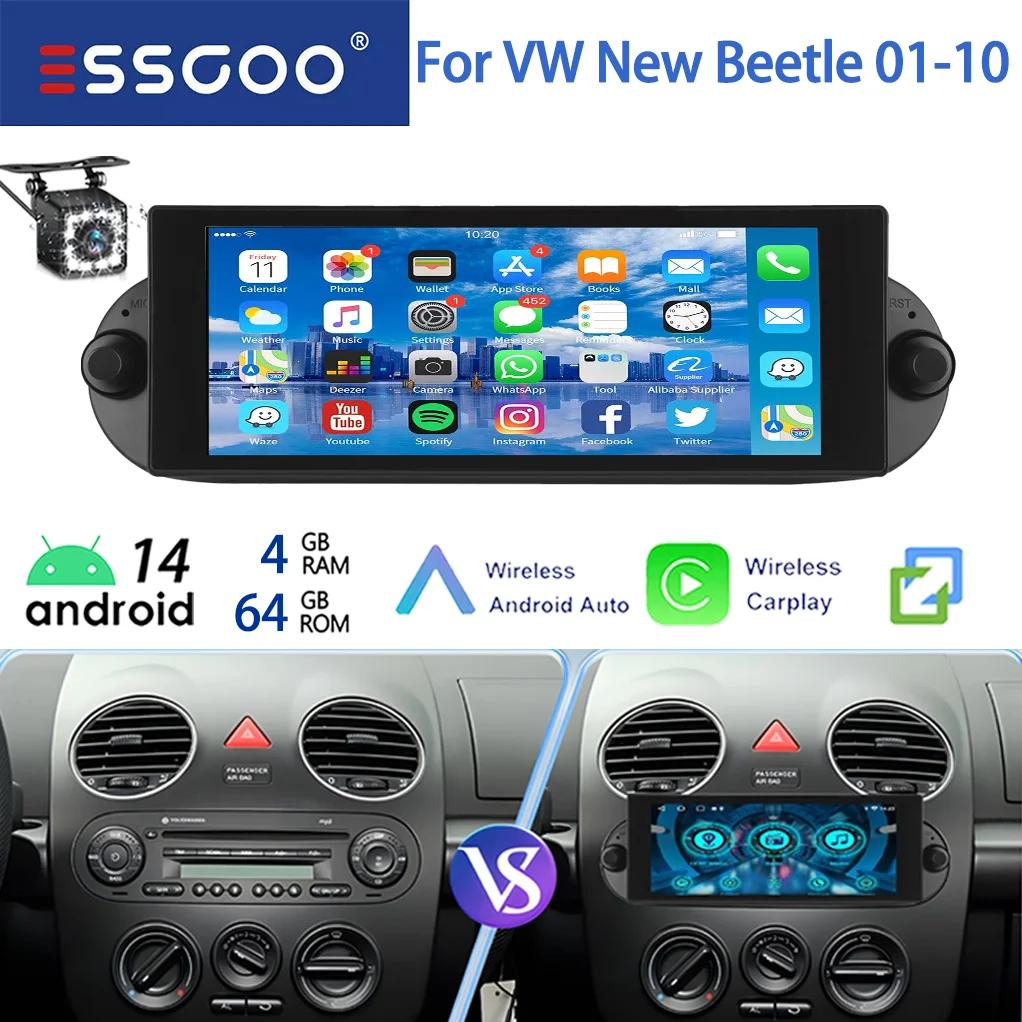 ESSGOO 64G 7 "Android 14 Autoradio Voor VW Kever 01-10 Draadloze Carplay GPS Navi FM WiFi BT RDS SWC Spiegel Link IPS Touchscreen